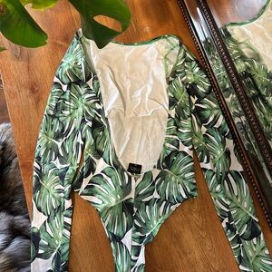 Statement One Piece Swimsuit Green Palm Leaf Long-Sleeve Medium